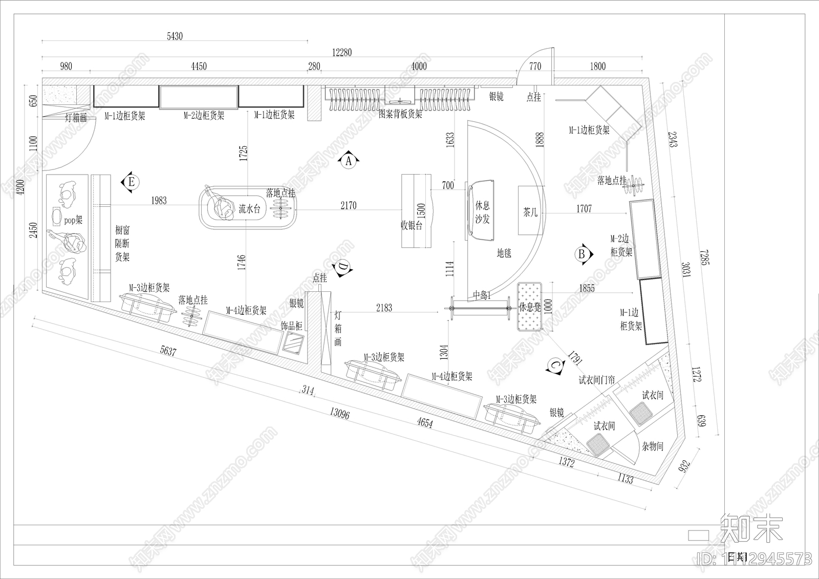 简欧服装店施工图cad施工图下载【ID:1112945573】