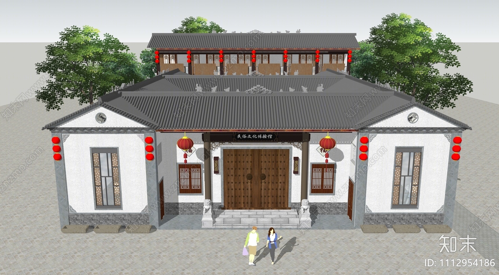 新中式展览馆建筑SU模型下载【ID:1112954186】