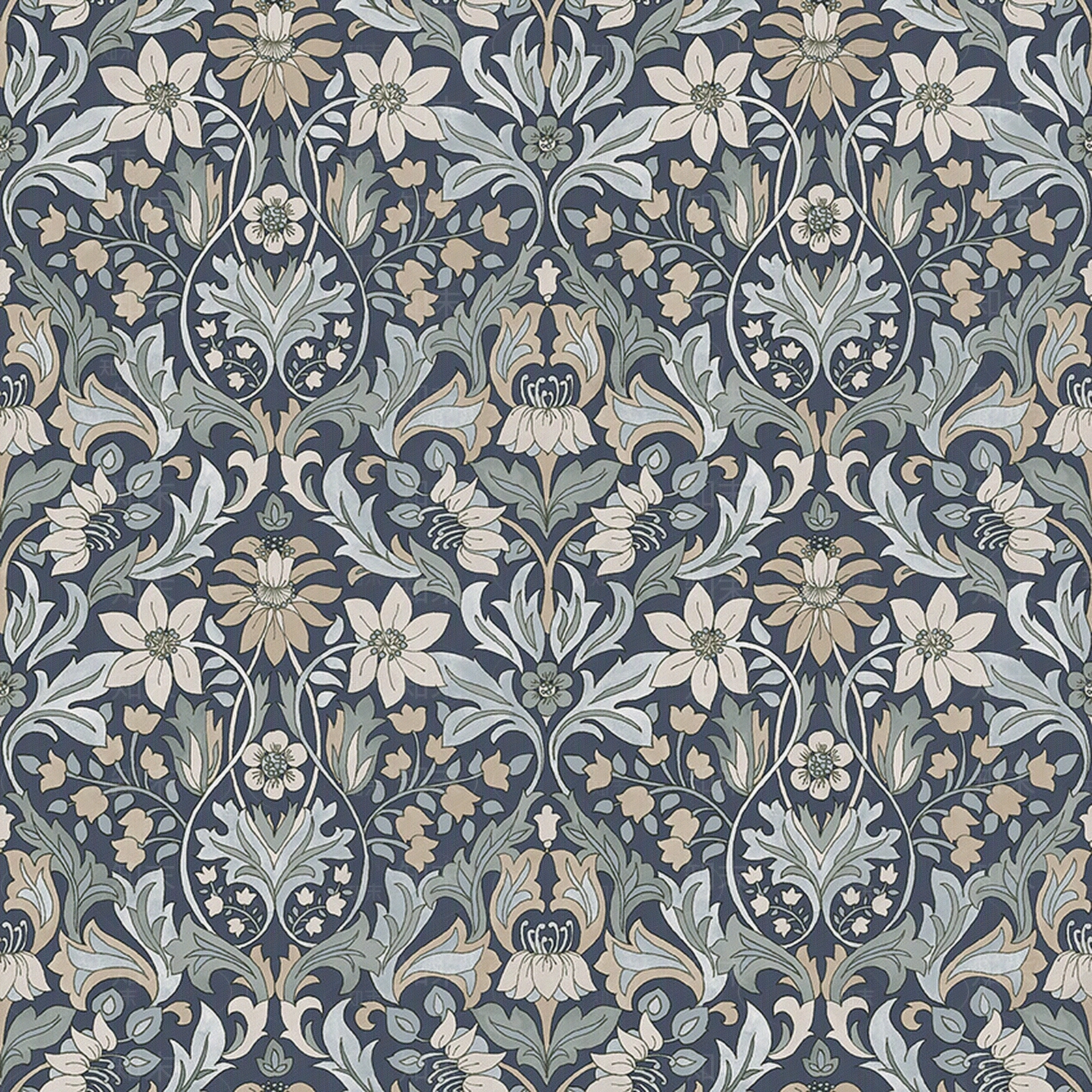 欧式蓝色植物印花壁纸贴图下载【ID:1112978899】