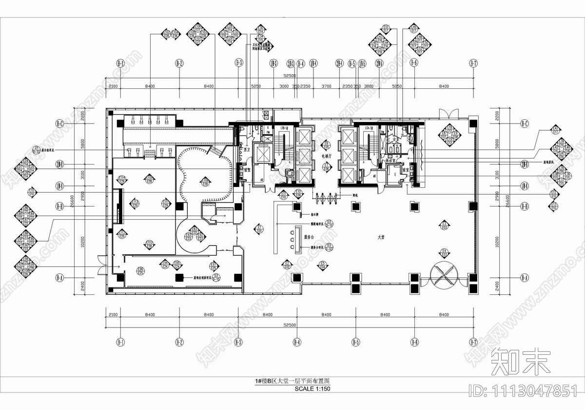 1300㎡办公楼大堂电梯厅CAD施工图cad施工图下载【ID:1113047851】