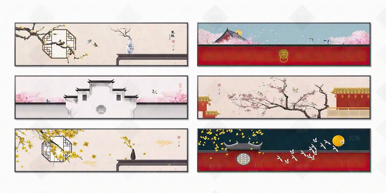 新中式建筑风景装饰画贴图下载【ID:1113121280】