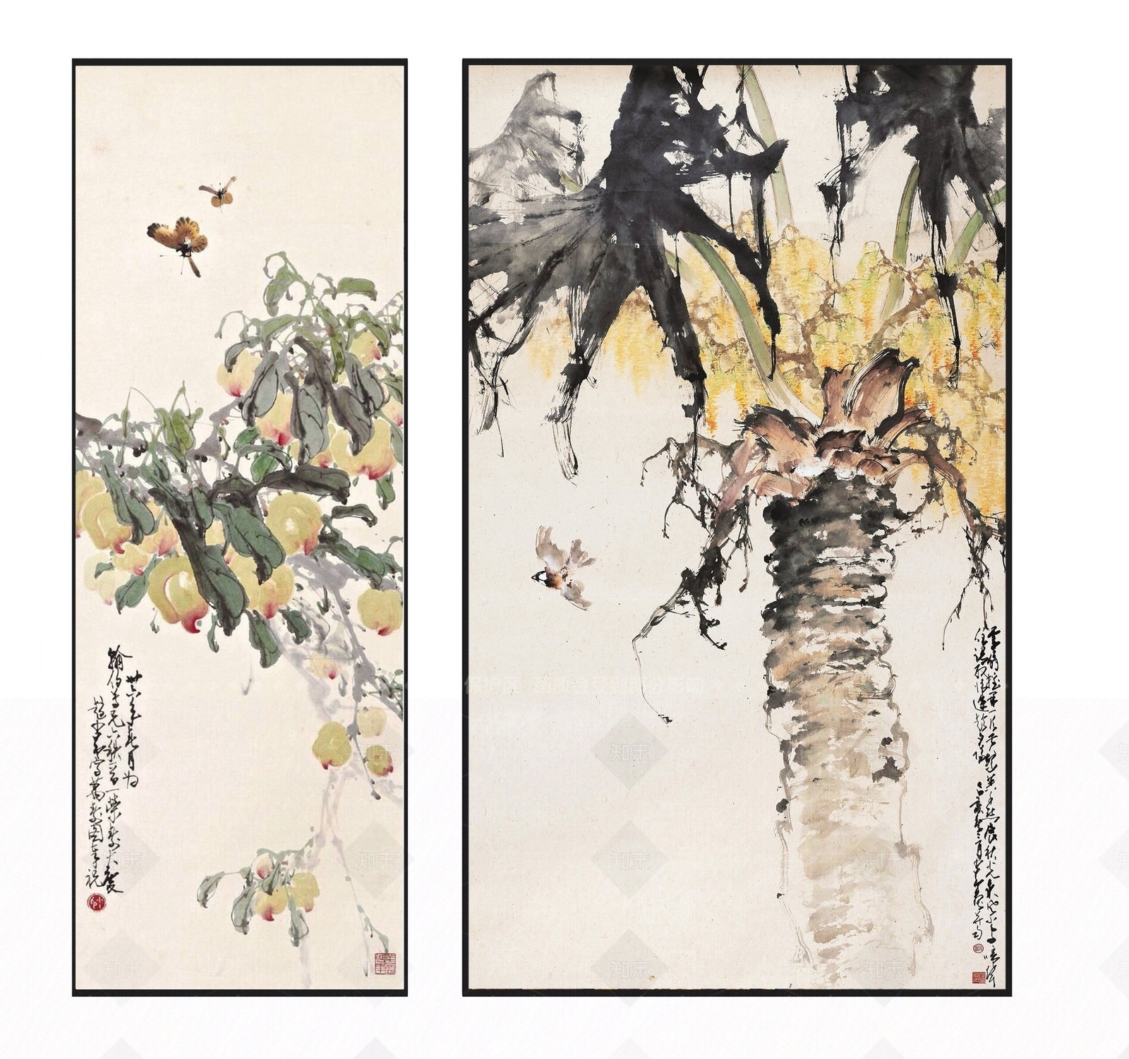 新中式雅致禅意棕榈树桃子挂画组合3D模型下载【ID:1113157400】