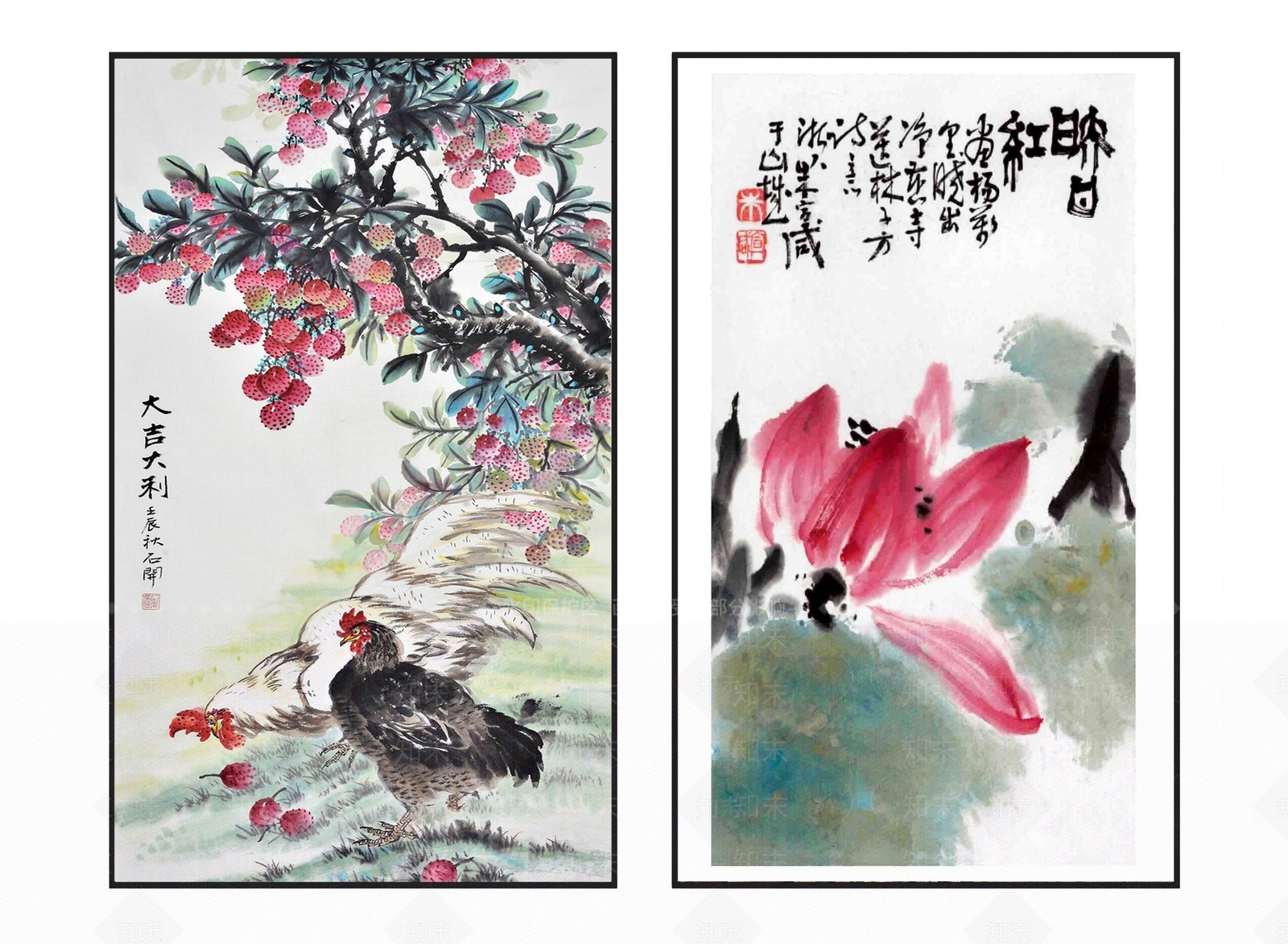 中式清新雅致荷花荔枝鸡禽挂画组合3D模型下载【ID:1113157589】