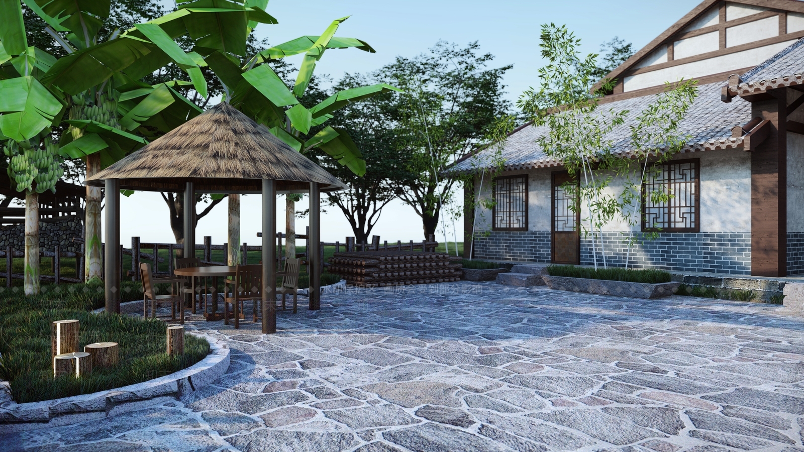 中式乡村庭院SU模型下载【ID:1113187833】