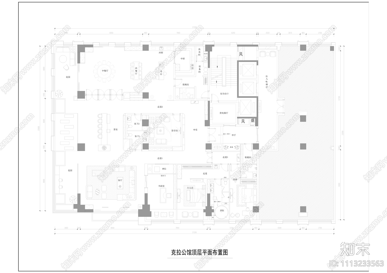 新中式轻奢大平层设计CAD施工图cad施工图下载【ID:1113233563】