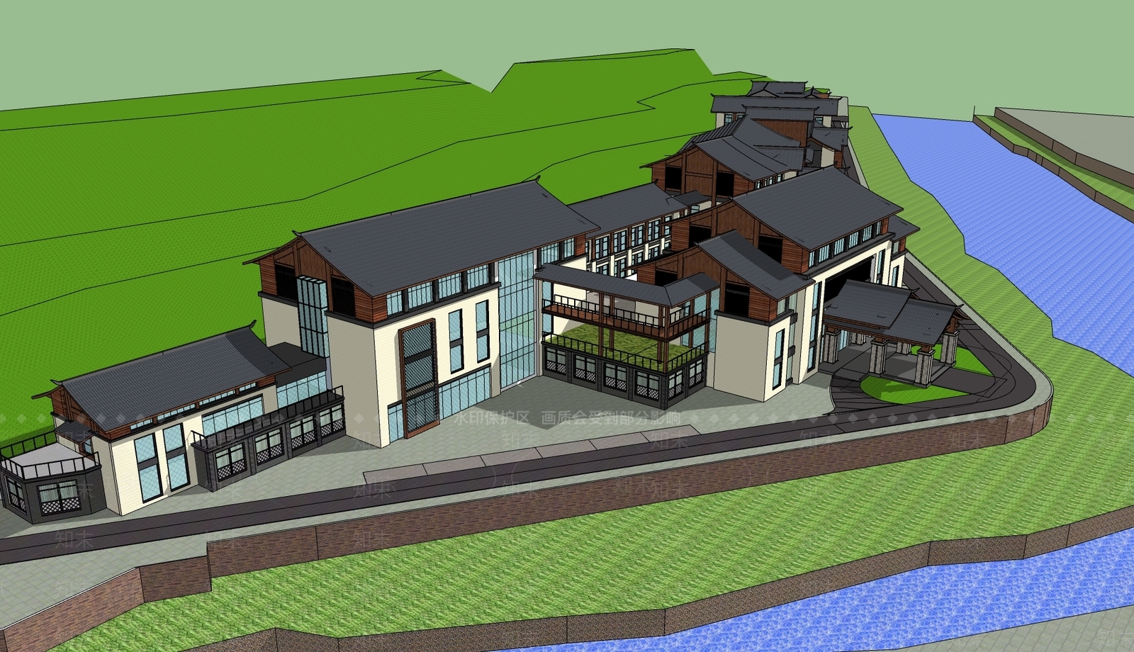 新中式山坡地酒店建筑SU模型下载【ID:1113291993】