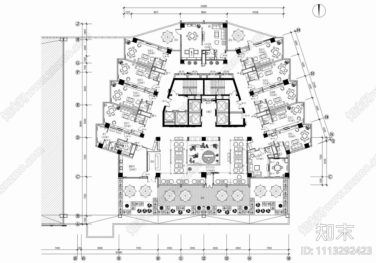 1100㎡新中式茶楼棋牌室CAD施工图施工图下载【ID:1113292423】