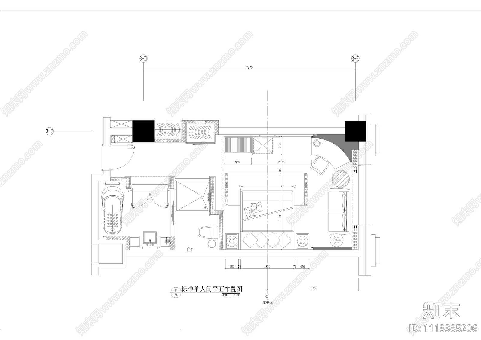 标准单人间cad施工图下载【ID:1113385206】