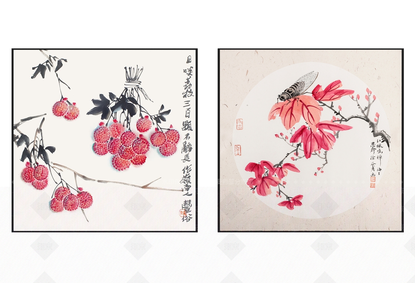 新中式清新雅致荔枝蝉花图案挂画组合3D模型下载【ID:1113415834】