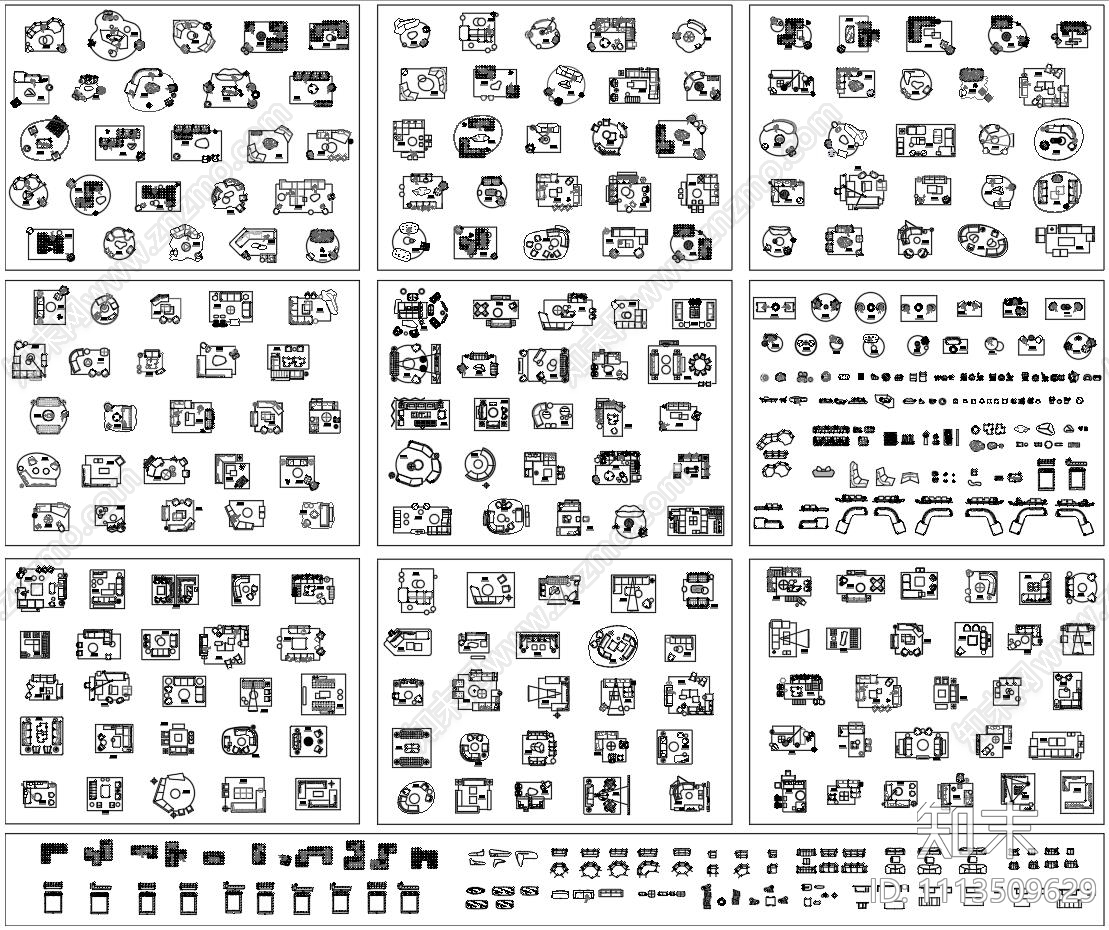 平面沙发组合图块施工图下载【ID:1113509629】