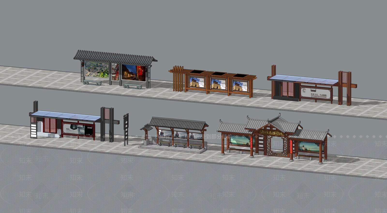 新中式公交站台SU模型下载【ID:1113590222】