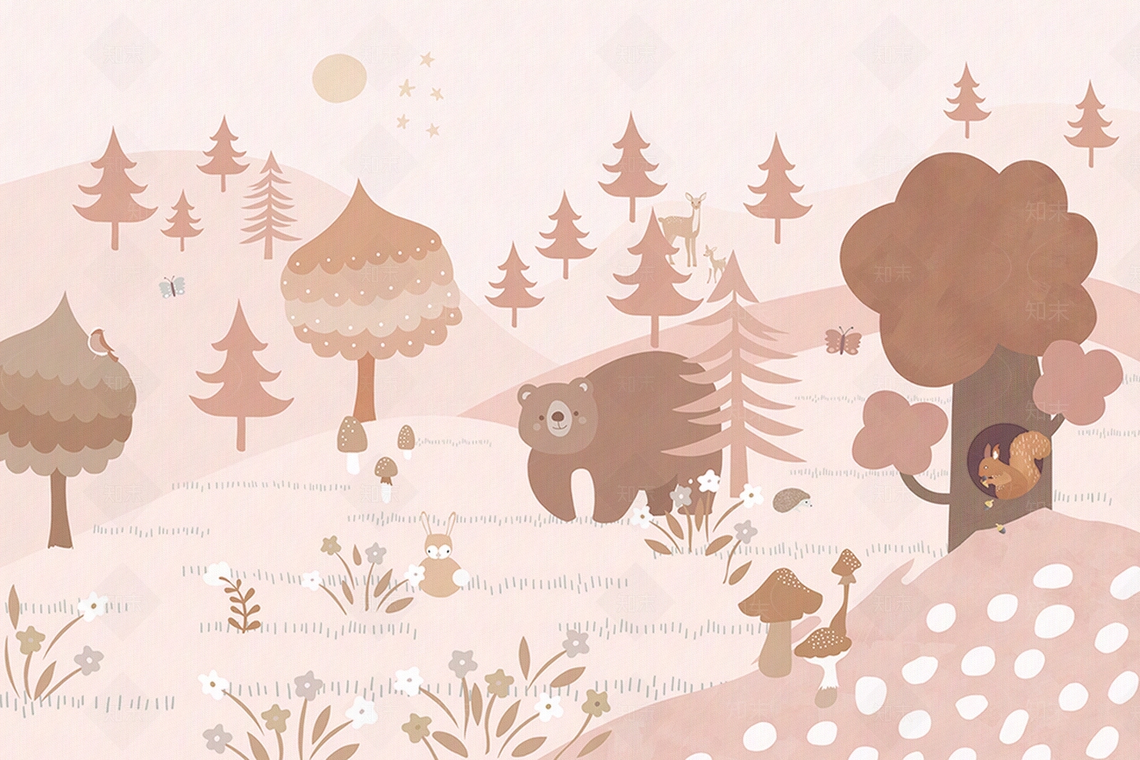 粉色卡通森林动物儿童壁画贴图下载【ID:1113603919】