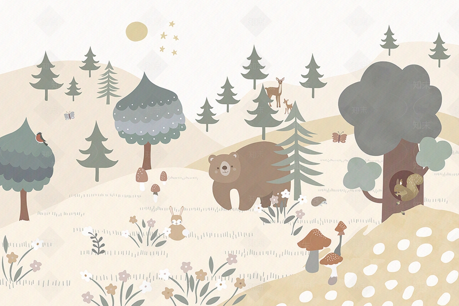 黄色卡通森林动物儿童壁画贴图下载【ID:1113604091】