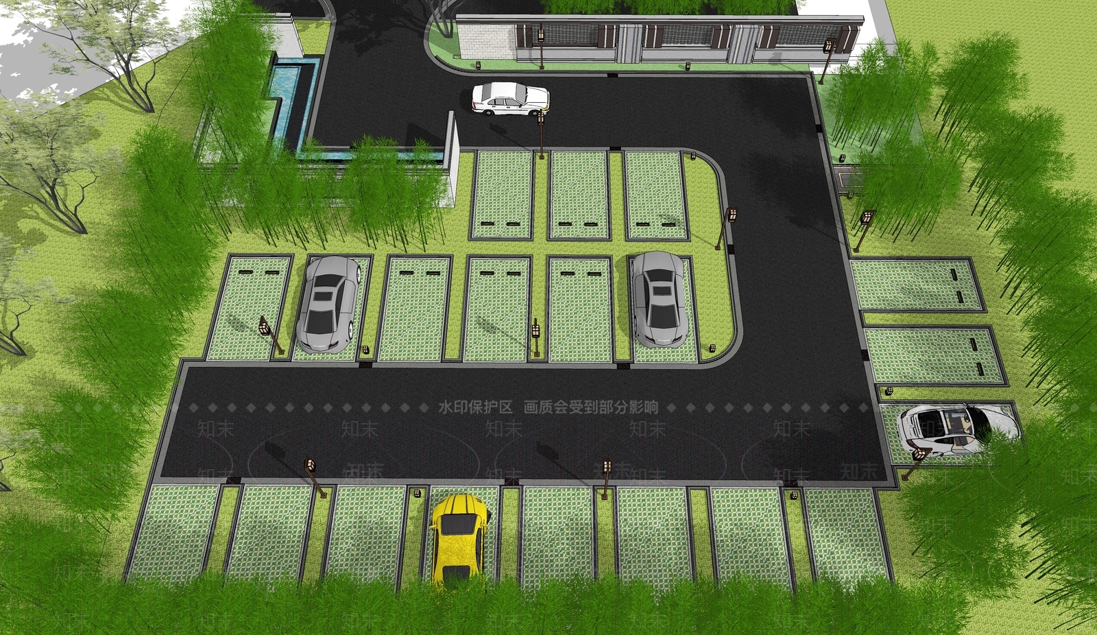 现代户外停车场景观SU模型下载【ID:1113668053】