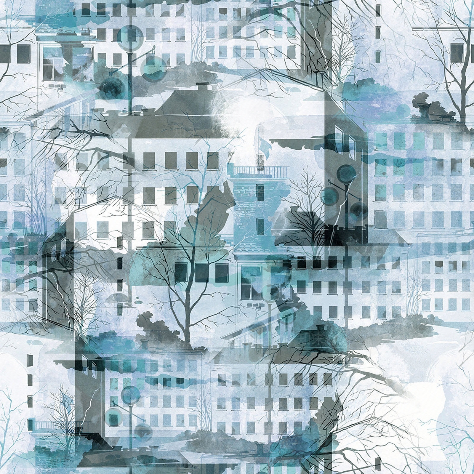 蓝色房子植物印花壁画贴图下载【ID:1113715495】