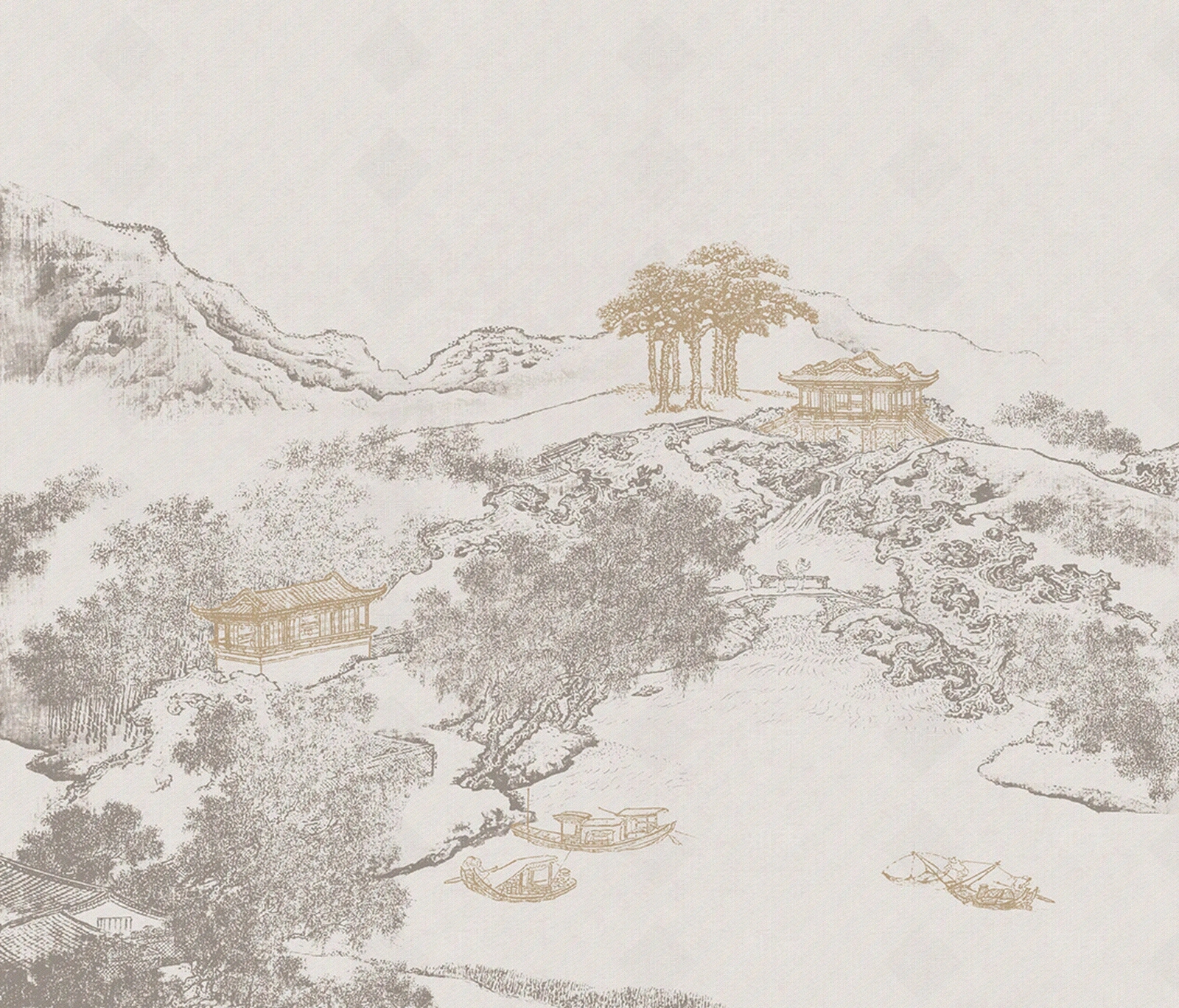 中式山水亭子壁画壁纸贴图下载【ID:1113760874】