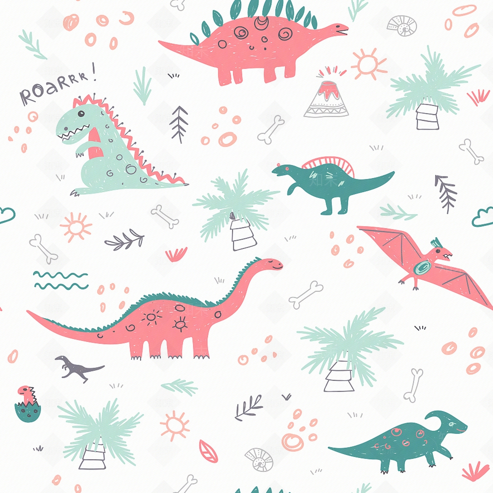 卡通恐龙动物儿童房壁纸贴图下载【ID:1113763165】