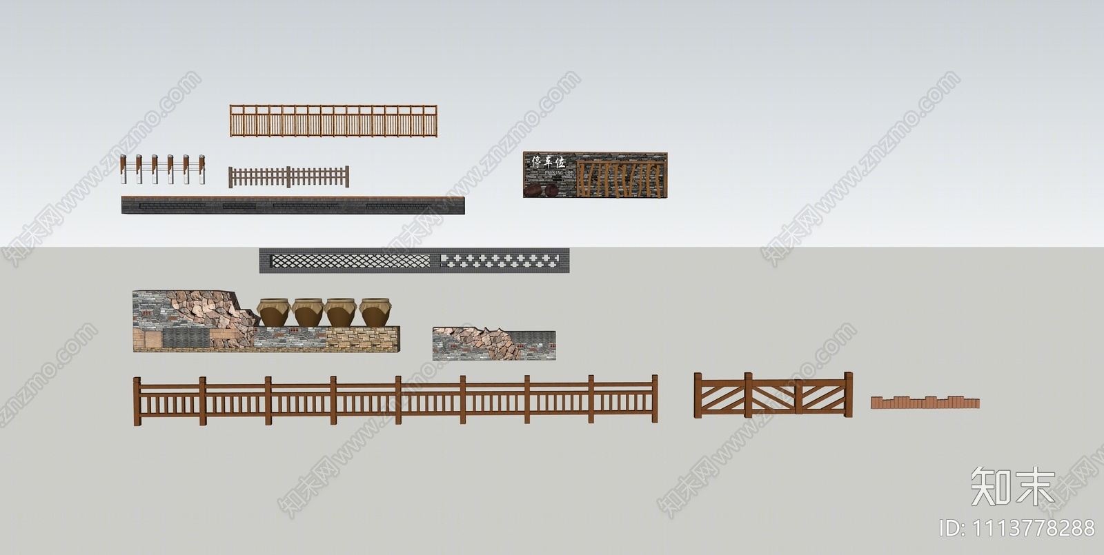 中式美丽乡村栏杆矮墙SU模型下载【ID:1113778288】