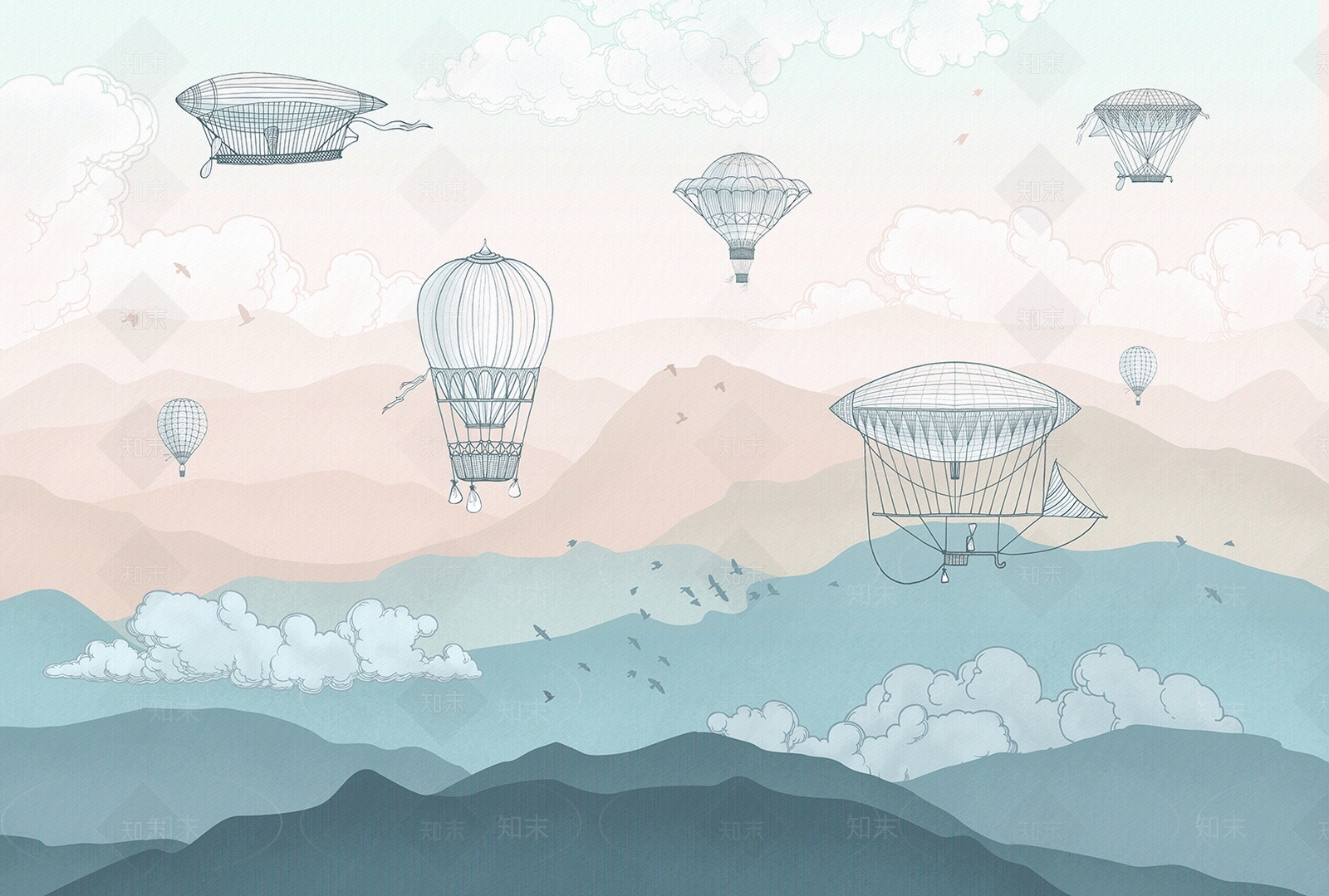 卡通儿童手绘热气球壁纸贴图下载【ID:1113783904】