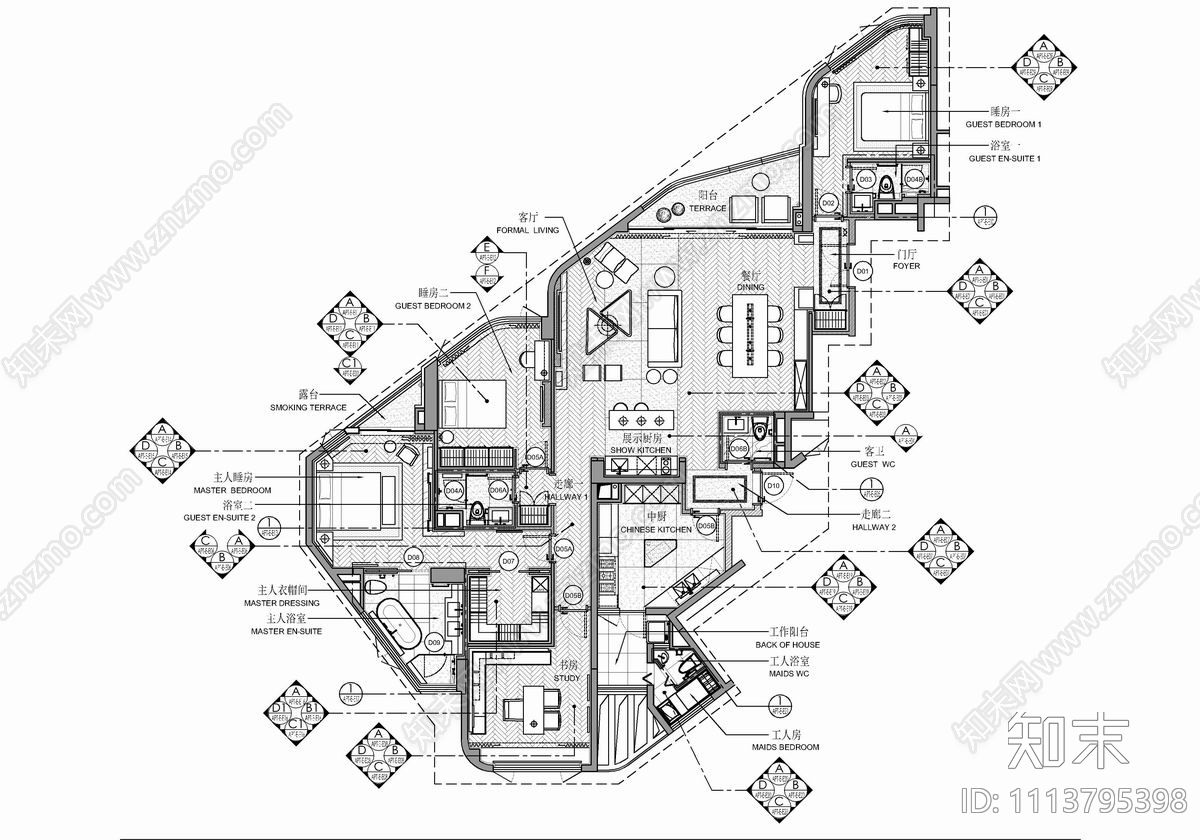 250㎡大平层私宅CAD施工图cad施工图下载【ID:1113795398】