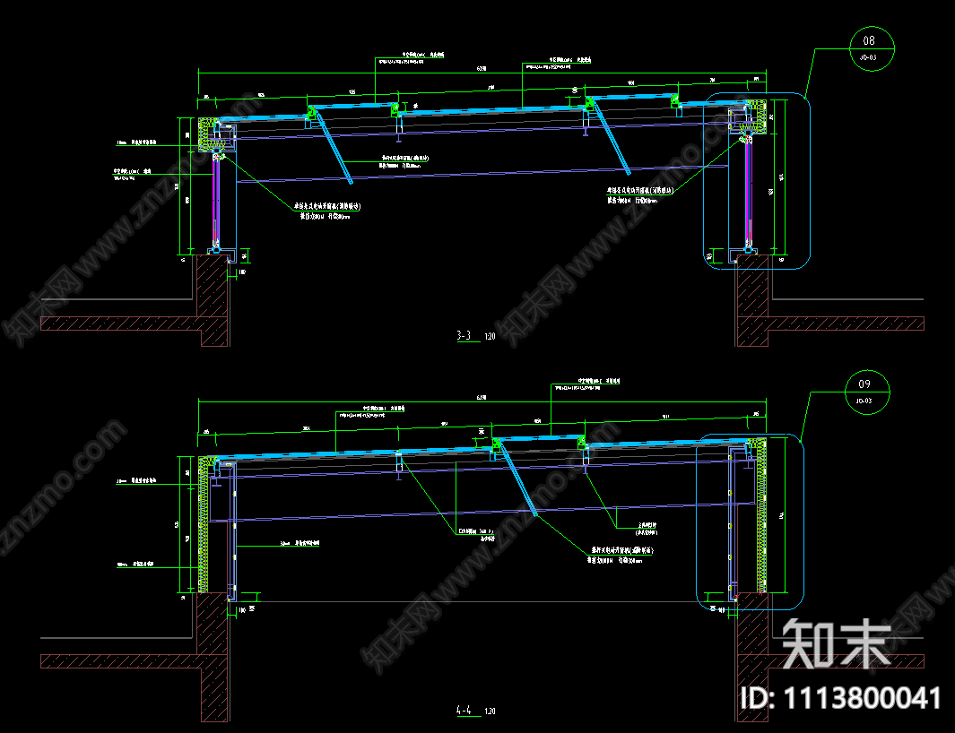 玻璃顶采光顶电动天窗阳光顶平面立面节点CAD图纸施工图下载【ID:1113800041】