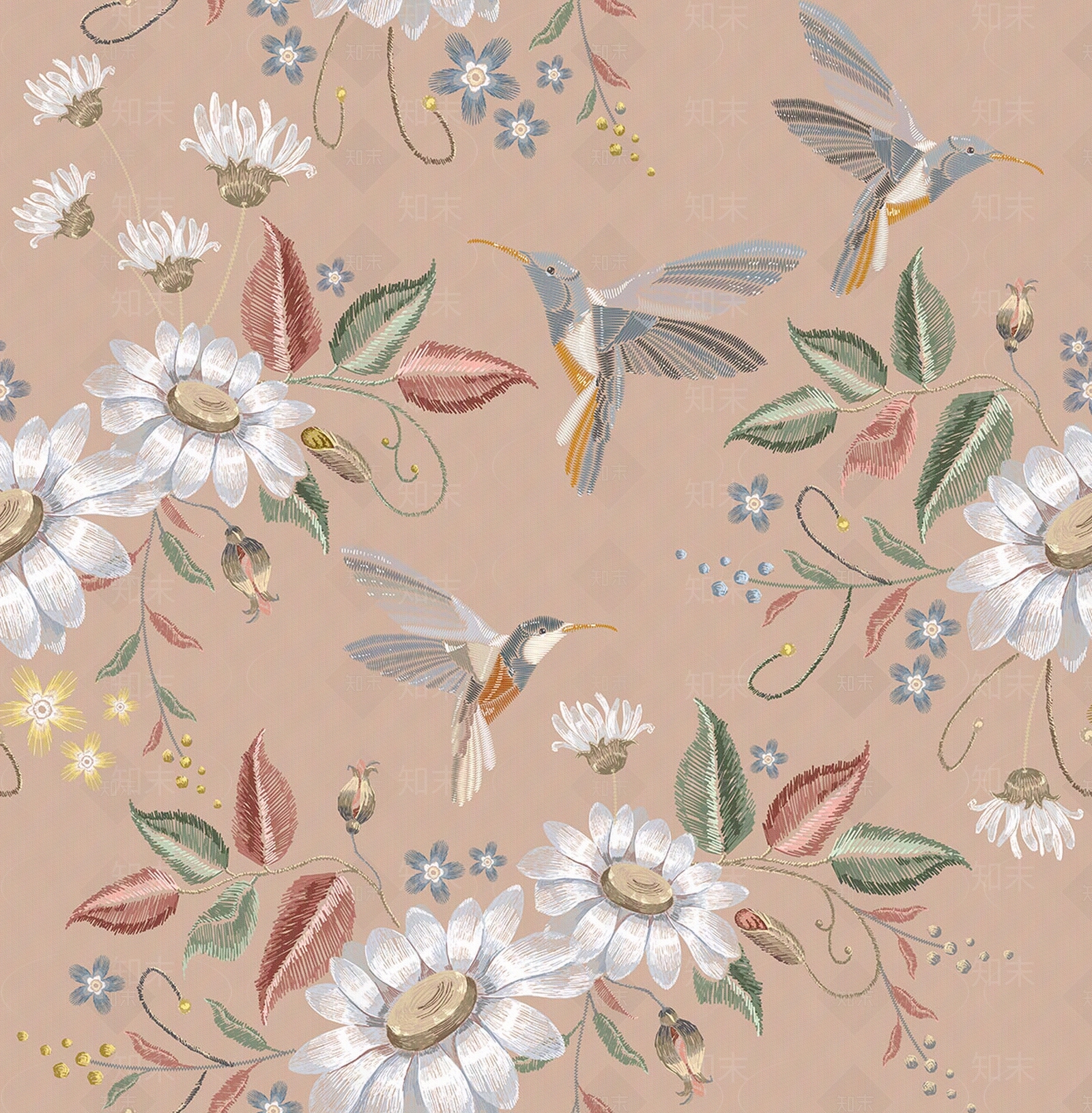 粉色中式花鸟印花壁纸贴图下载【ID:1113815077】