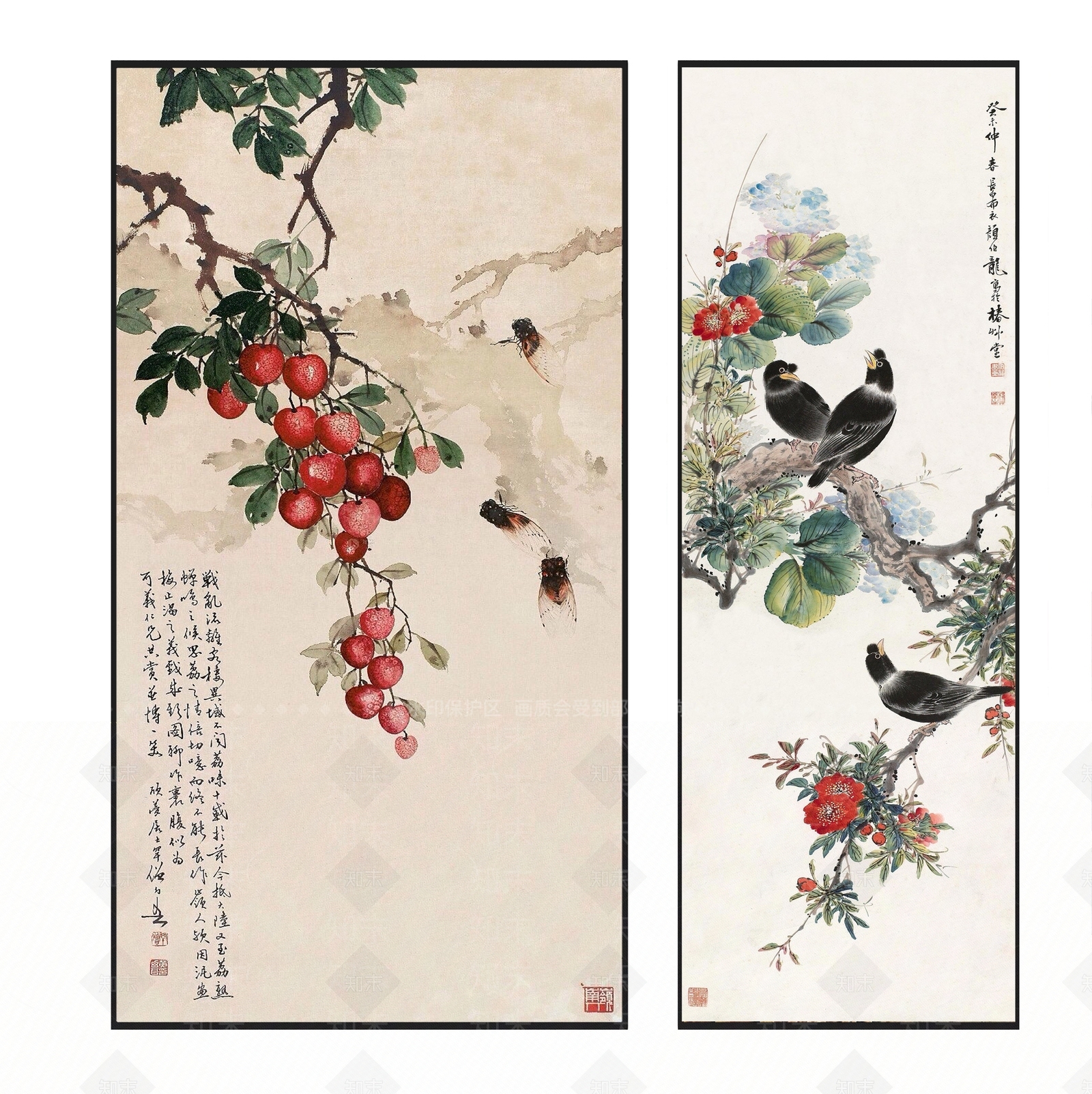 中式雅致意境荔枝花鸟图案挂画组合3D模型下载【ID:1113887128】