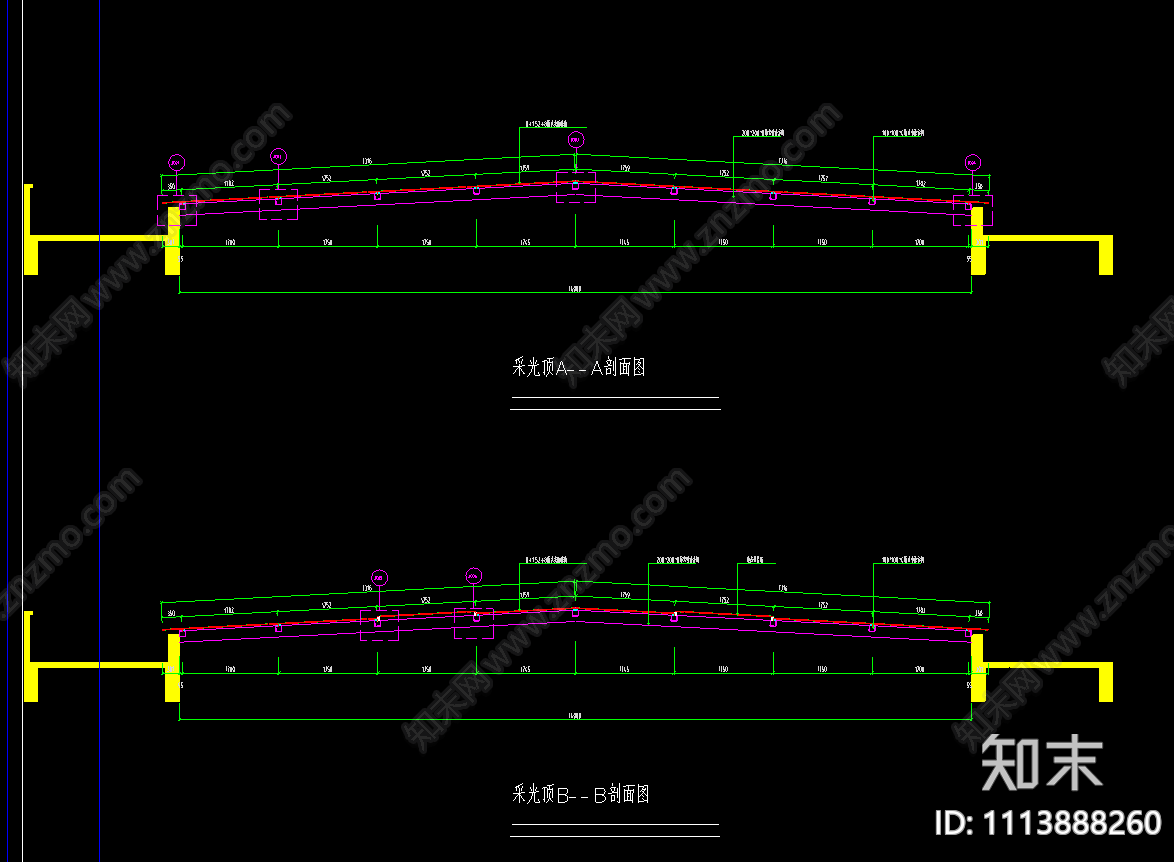 钢结构阳光顶玻璃顶采光顶平面剖面节点CAD图纸施工图下载【ID:1113888260】