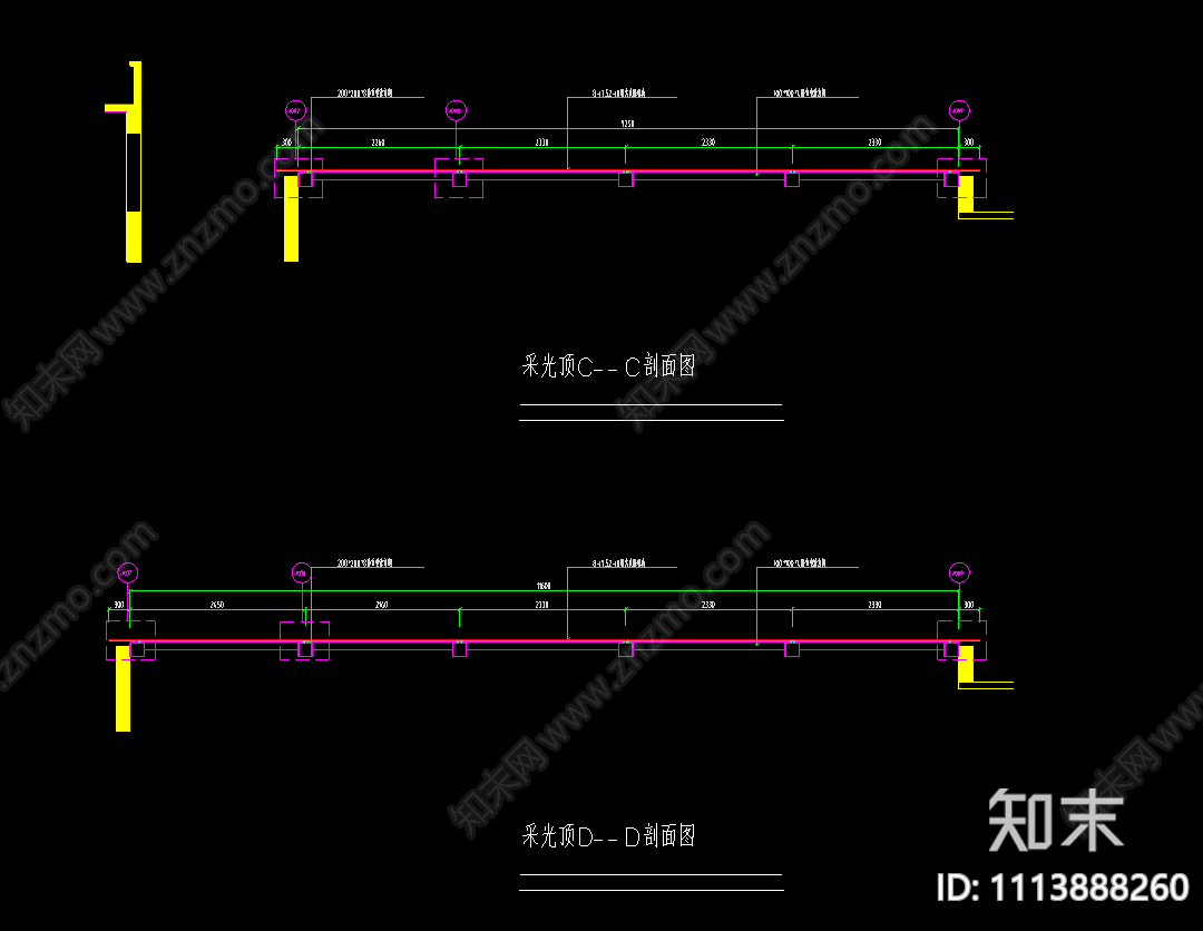 钢结构阳光顶玻璃顶采光顶平面剖面节点CAD图纸施工图下载【ID:1113888260】
