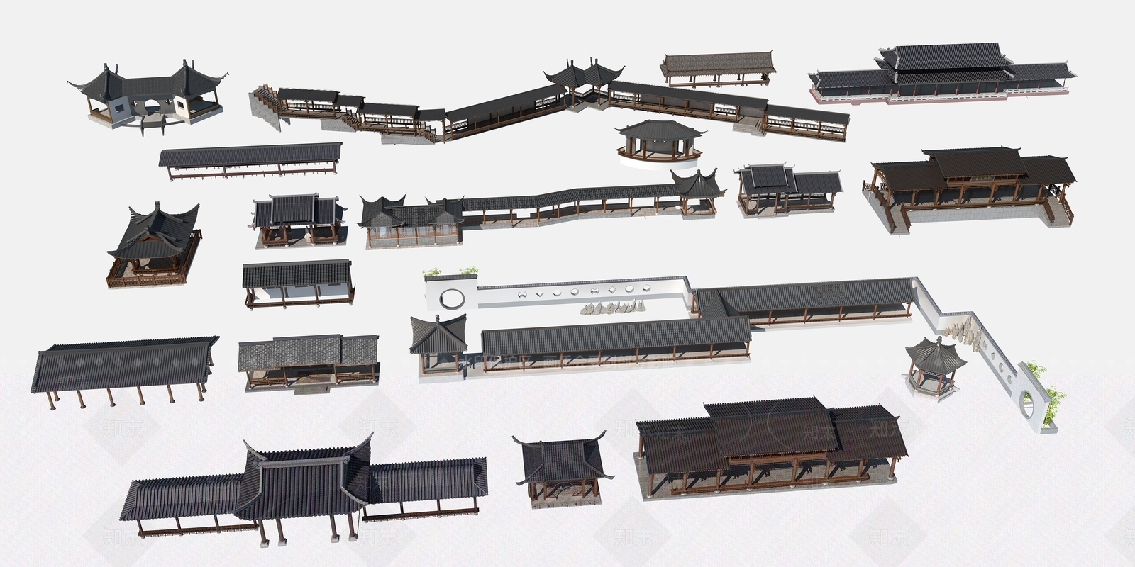 中式廊架3D模型下载【ID:1113888642】