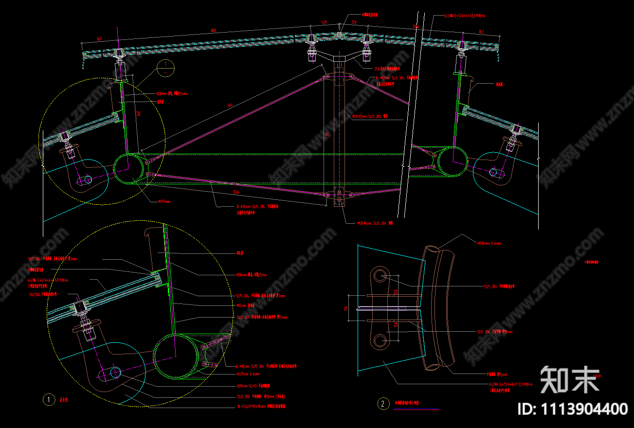全玻璃点式球形采光顶节点CAD图纸施工图下载【ID:1113904400】