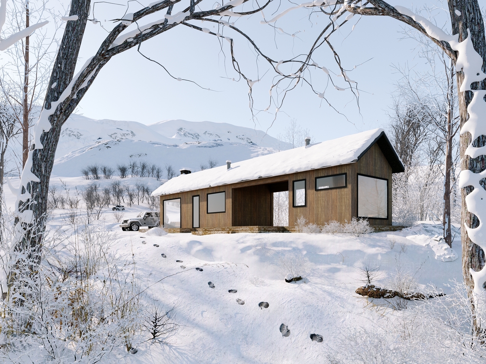 现代雪景木屋3D模型下载【ID:1113926406】