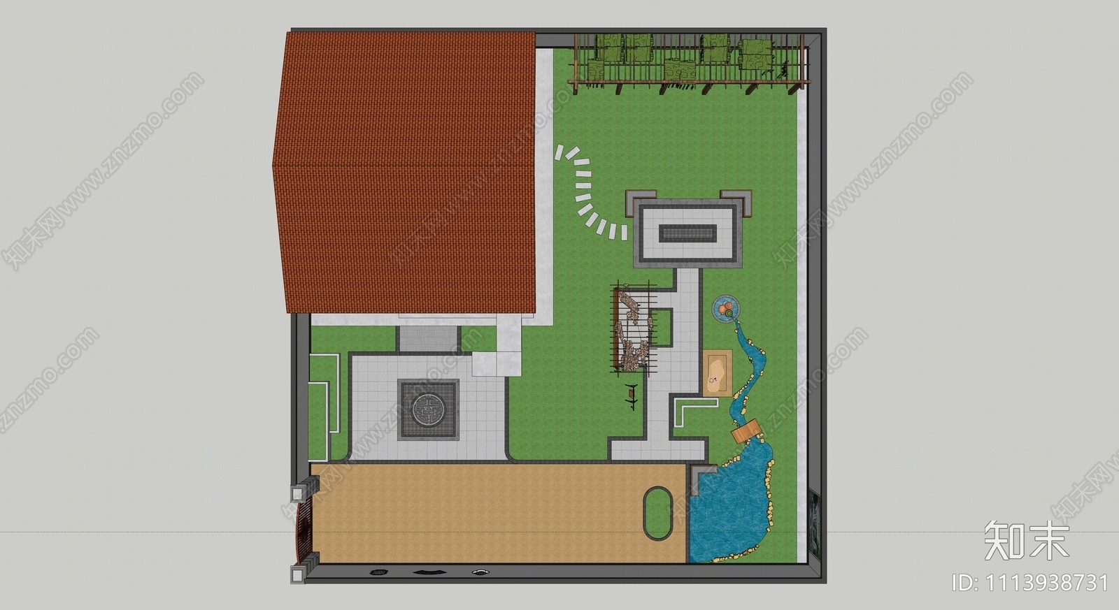 新中式庭院花园SU模型下载【ID:1113938731】