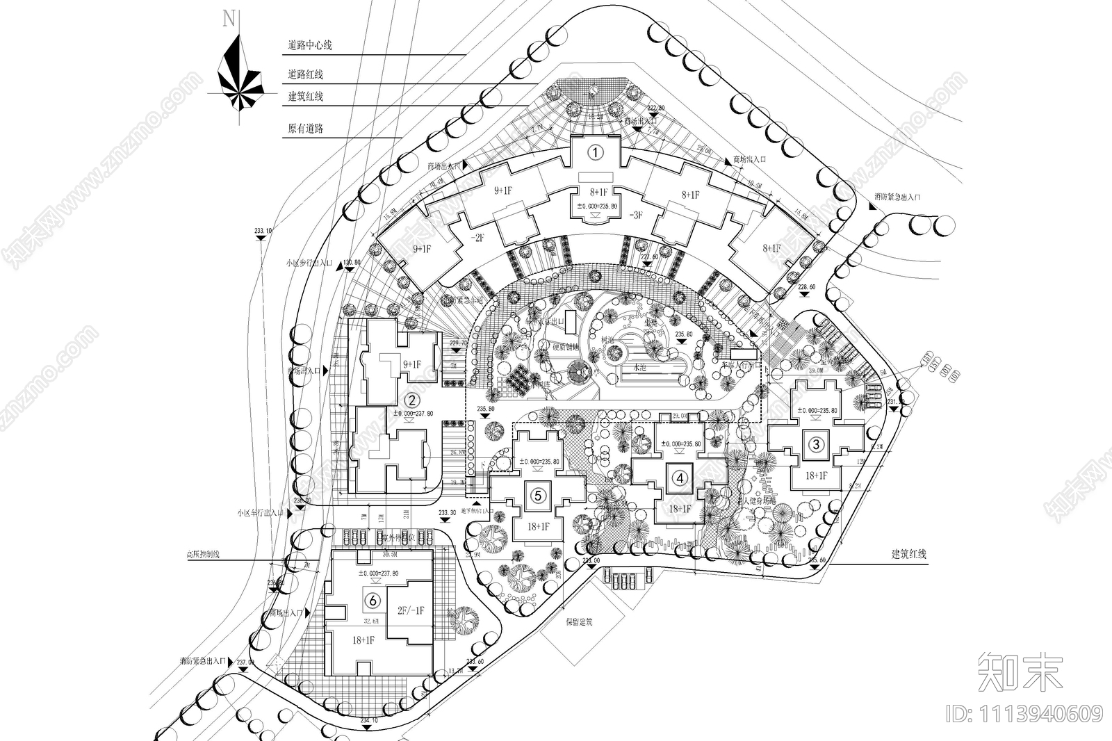多层小区景观规划平面施工图下载【ID:1113940609】