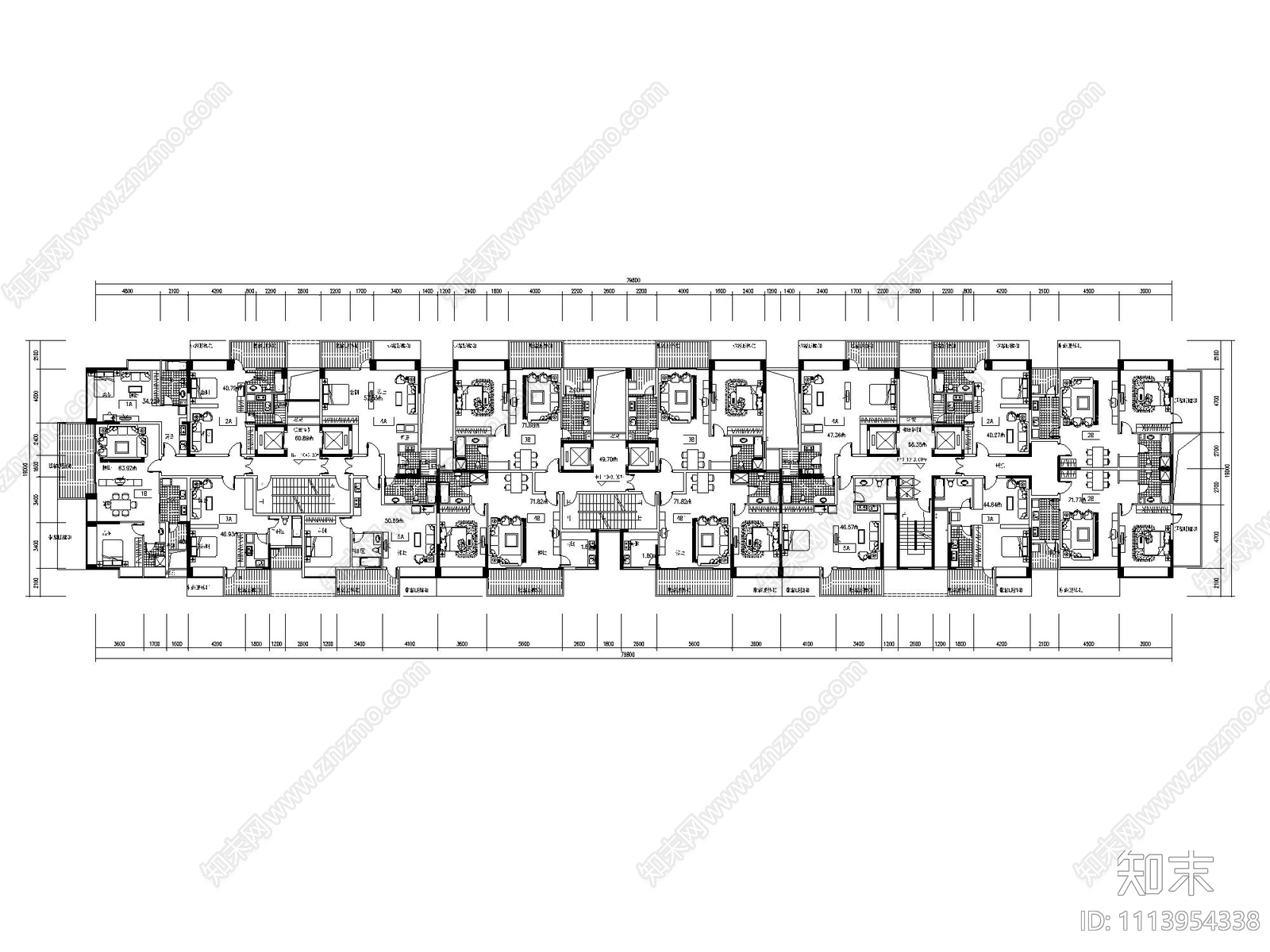 长条形公寓建筑平面施工图施工图下载【ID:1113954338】