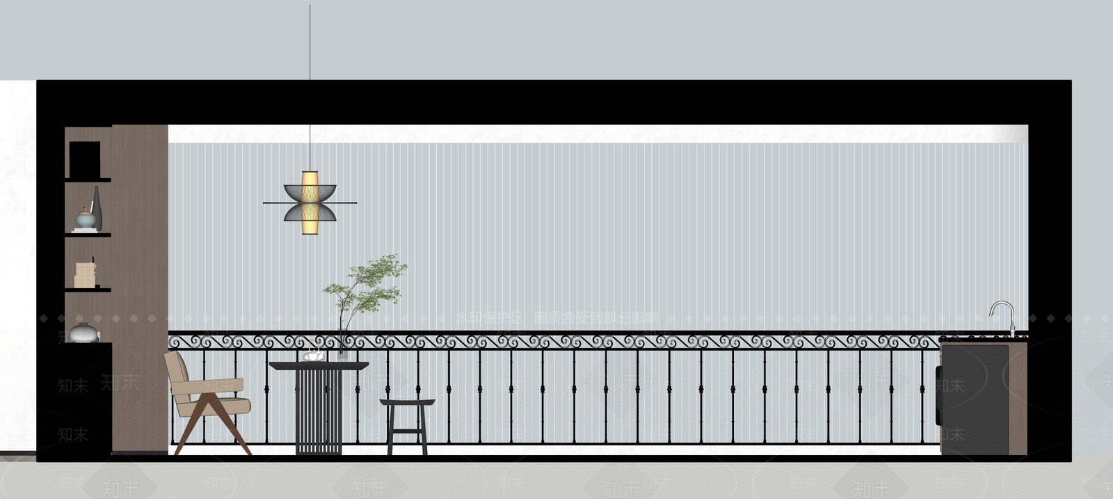 新中式家居阳台茶室SU模型下载【ID:1113996514】
