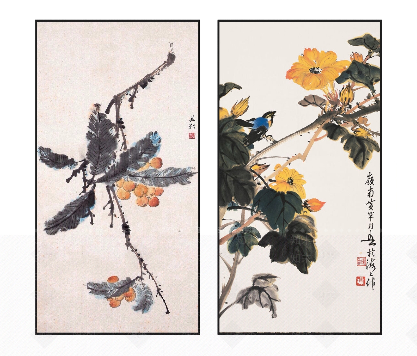 中式雅致琵琶花鸟图案挂画组合3D模型下载【ID:1114008980】