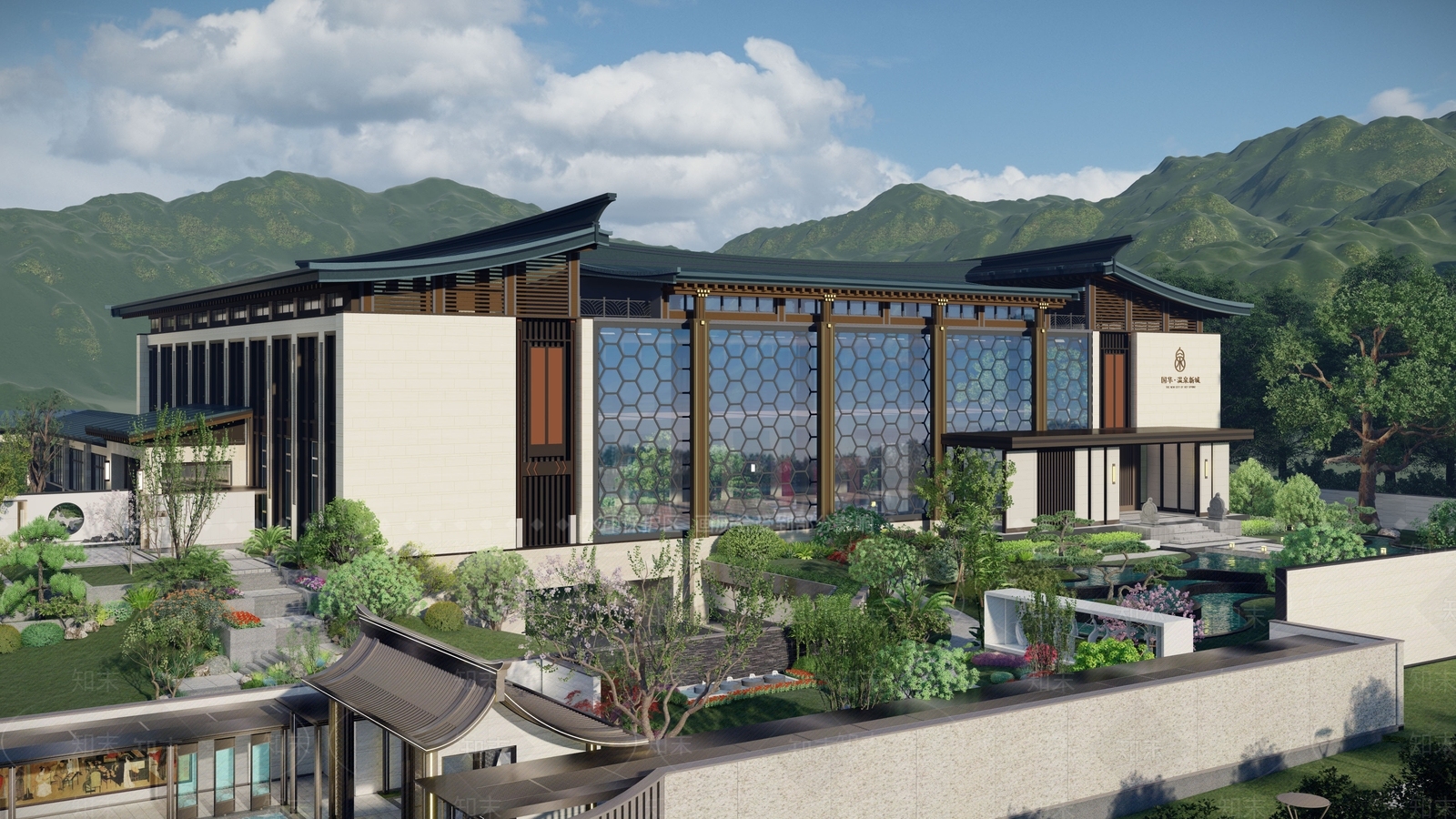 新中式售楼处建筑SU模型下载【ID:1114063291】