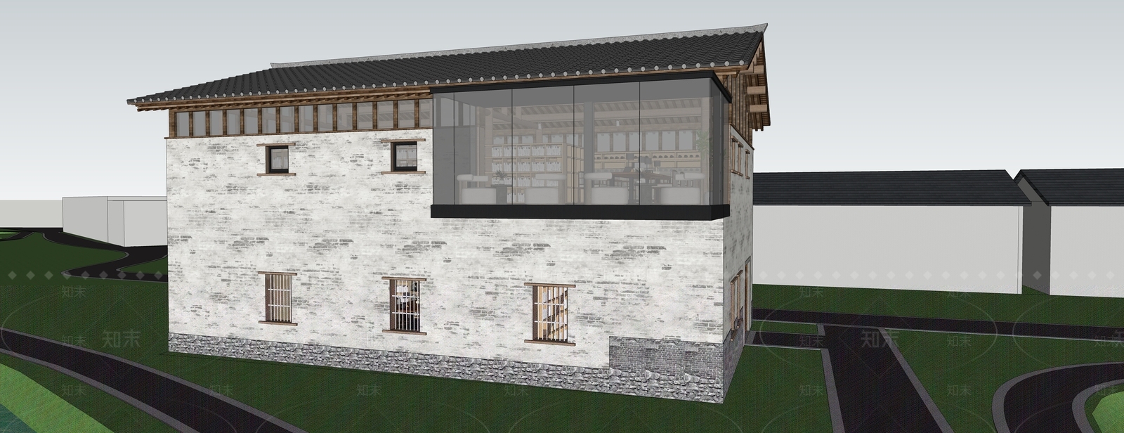 新中式图书馆建筑SU模型下载【ID:1114072310】