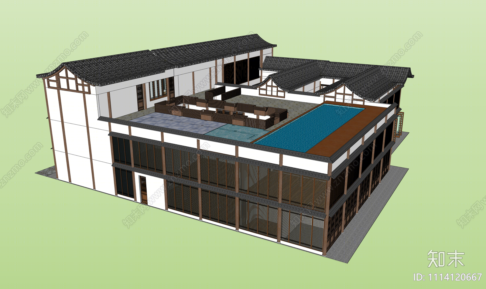 新中式民宿建筑SU模型下载【ID:1114120667】