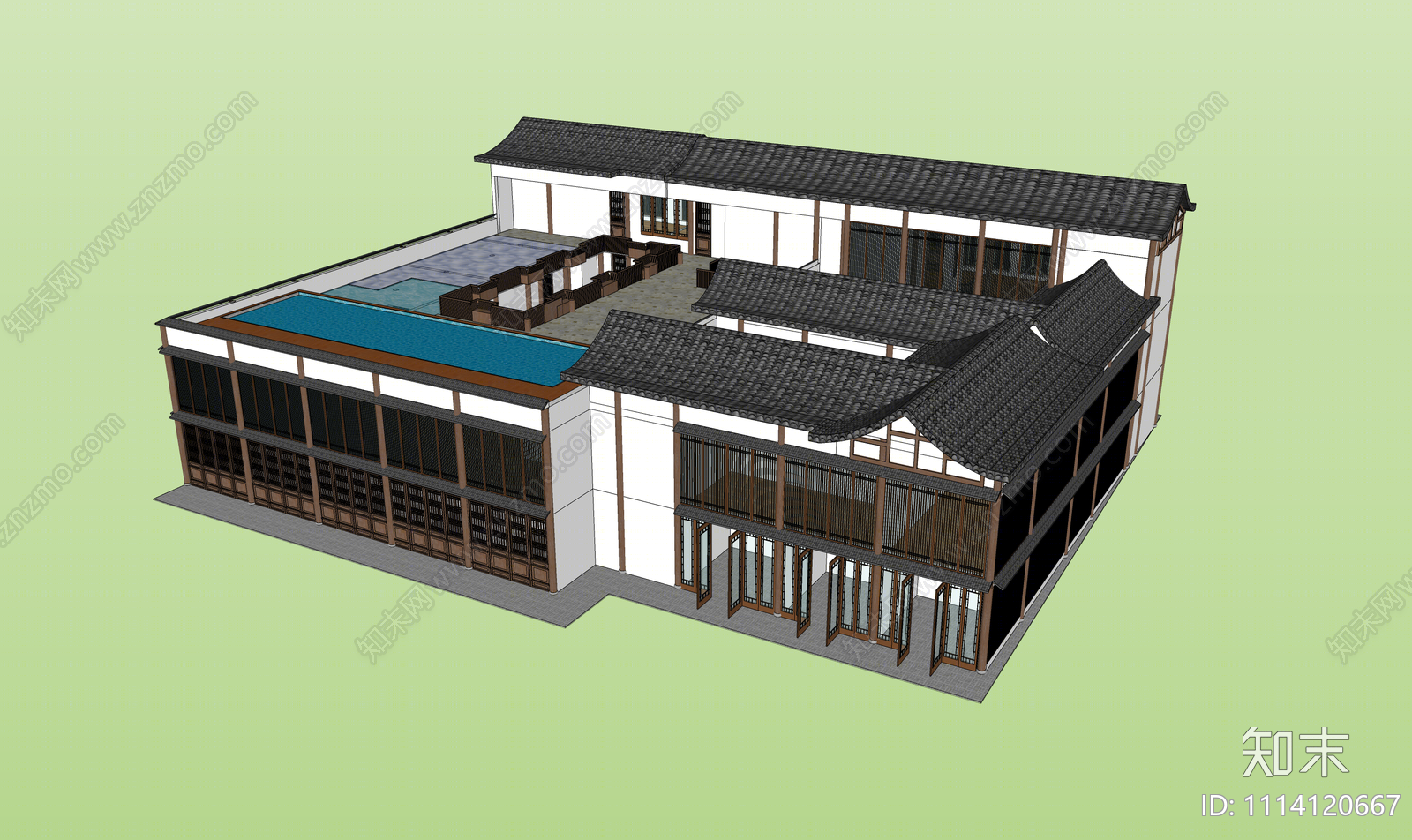 新中式民宿建筑SU模型下载【ID:1114120667】