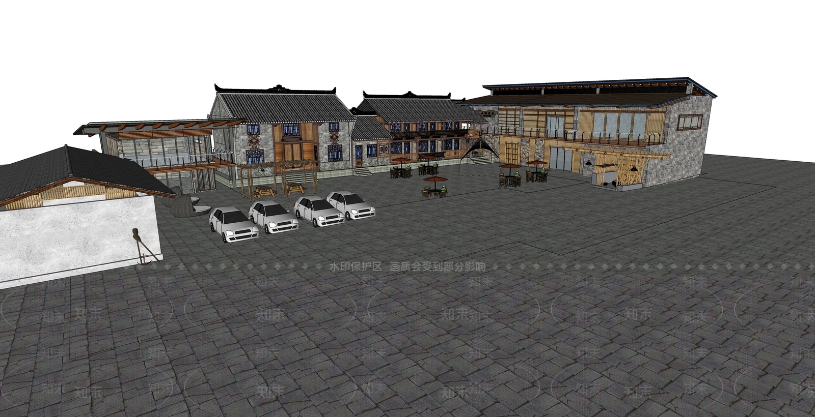 新中式民宿建筑SU模型下载【ID:1114123684】