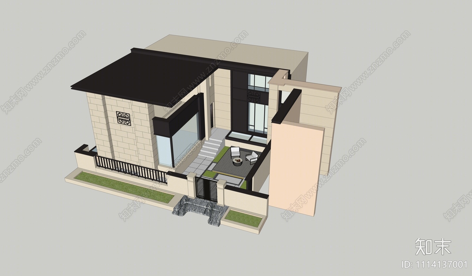 新中式庭院花园SU模型下载【ID:1114137001】