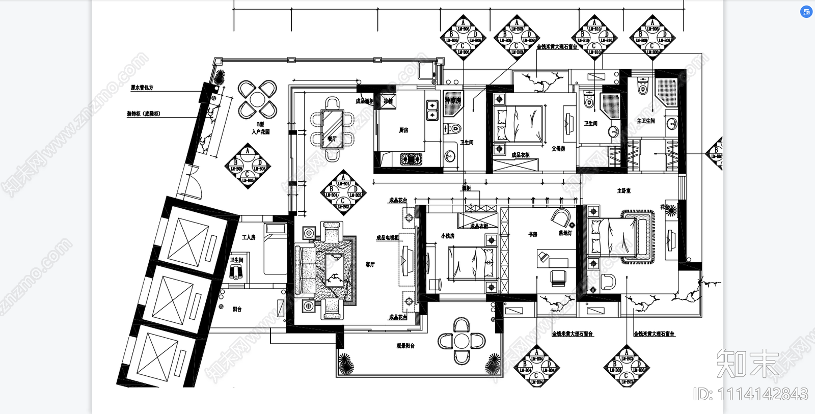 现代简约别墅四室两厅平面施工图cad施工图下载【ID:1114142843】