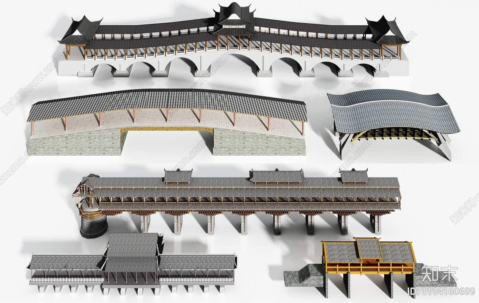 中式廊桥组合SU模型下载【ID:1114160699】