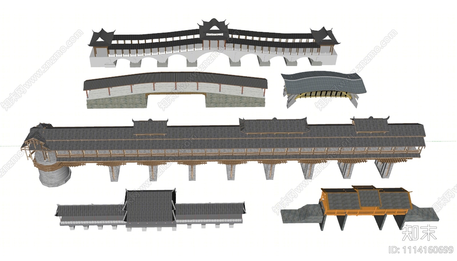 中式廊桥组合SU模型下载【ID:1114160699】