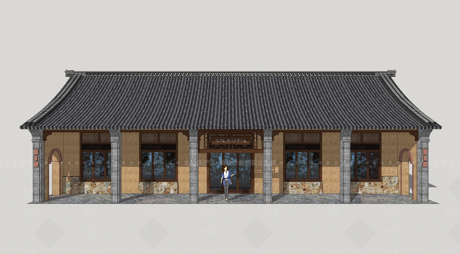中式文化活动中心建筑SU模型下载【ID:1114163817】