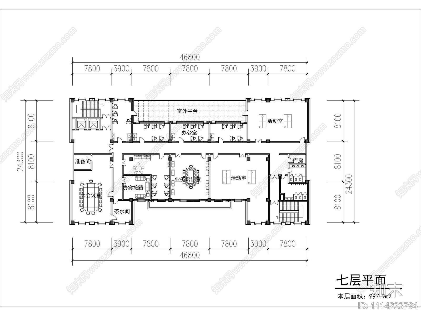 现代行政办公室内平面图施工图下载【ID:1114223794】