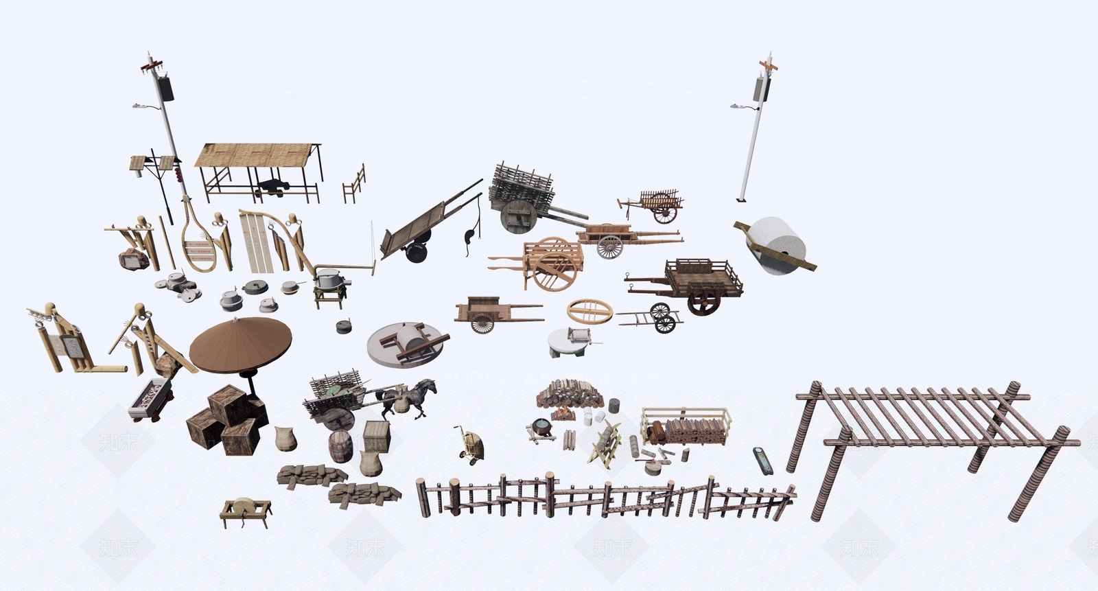 新中式民宿农具组合SU模型下载【ID:1114225848】