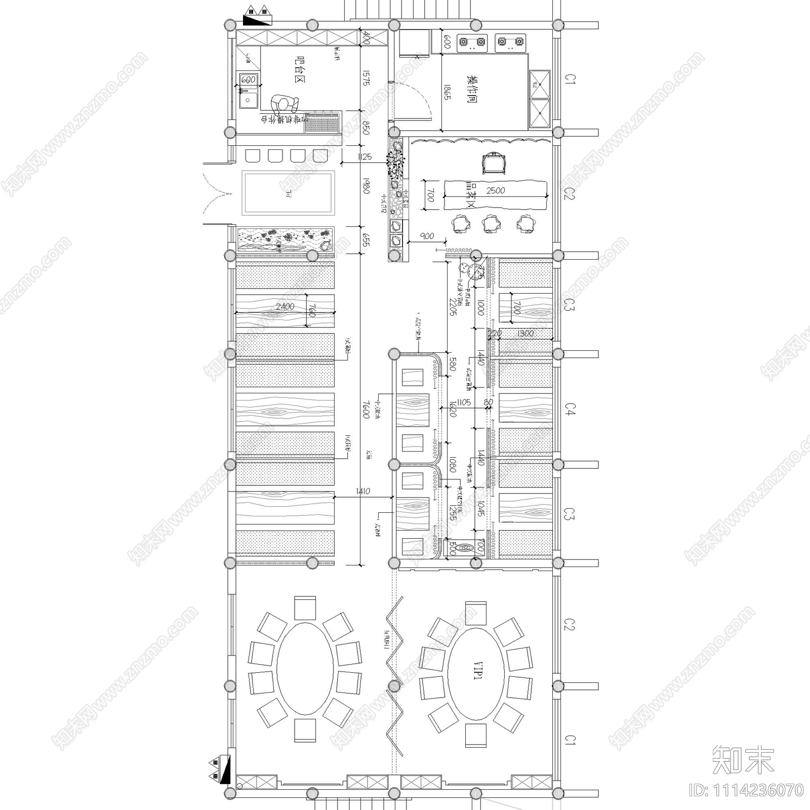 中式茶室平面布置图cad施工图下载【ID:1114236070】